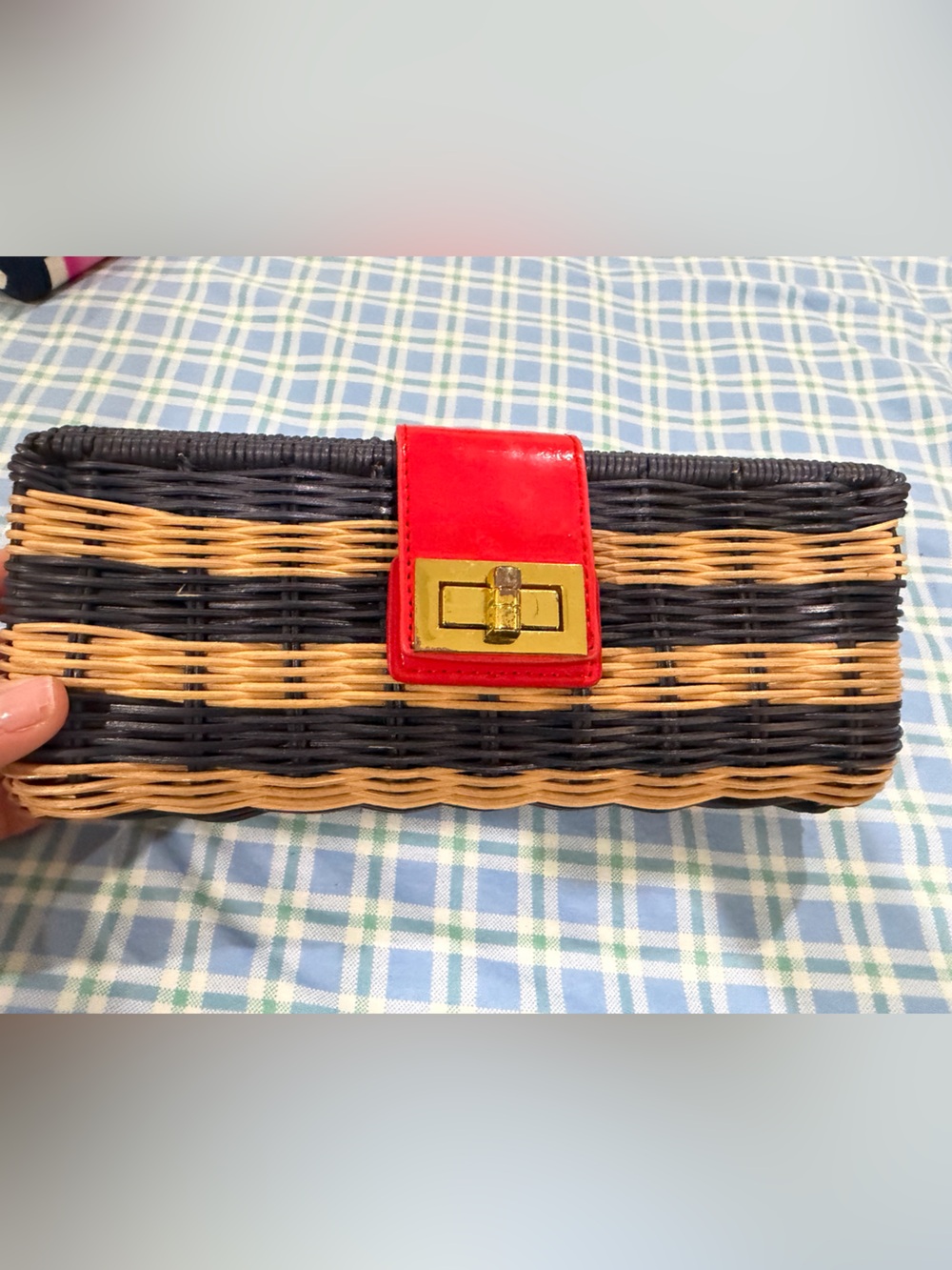 J. Crew Factory Navy and Tan Woven Clutch with Red Accent